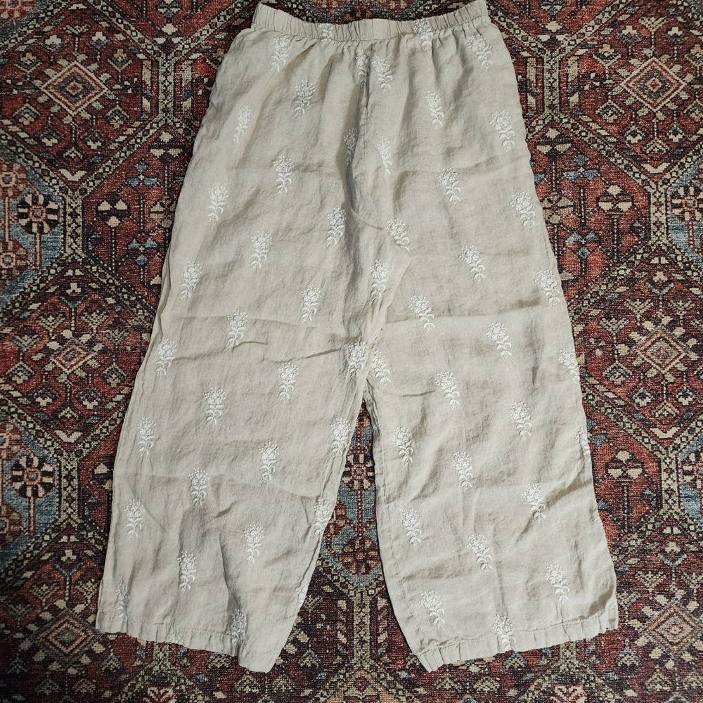 CP Shades 100% Linen Embroidered Pants L Oatmeal Floral Lagenlook Boho